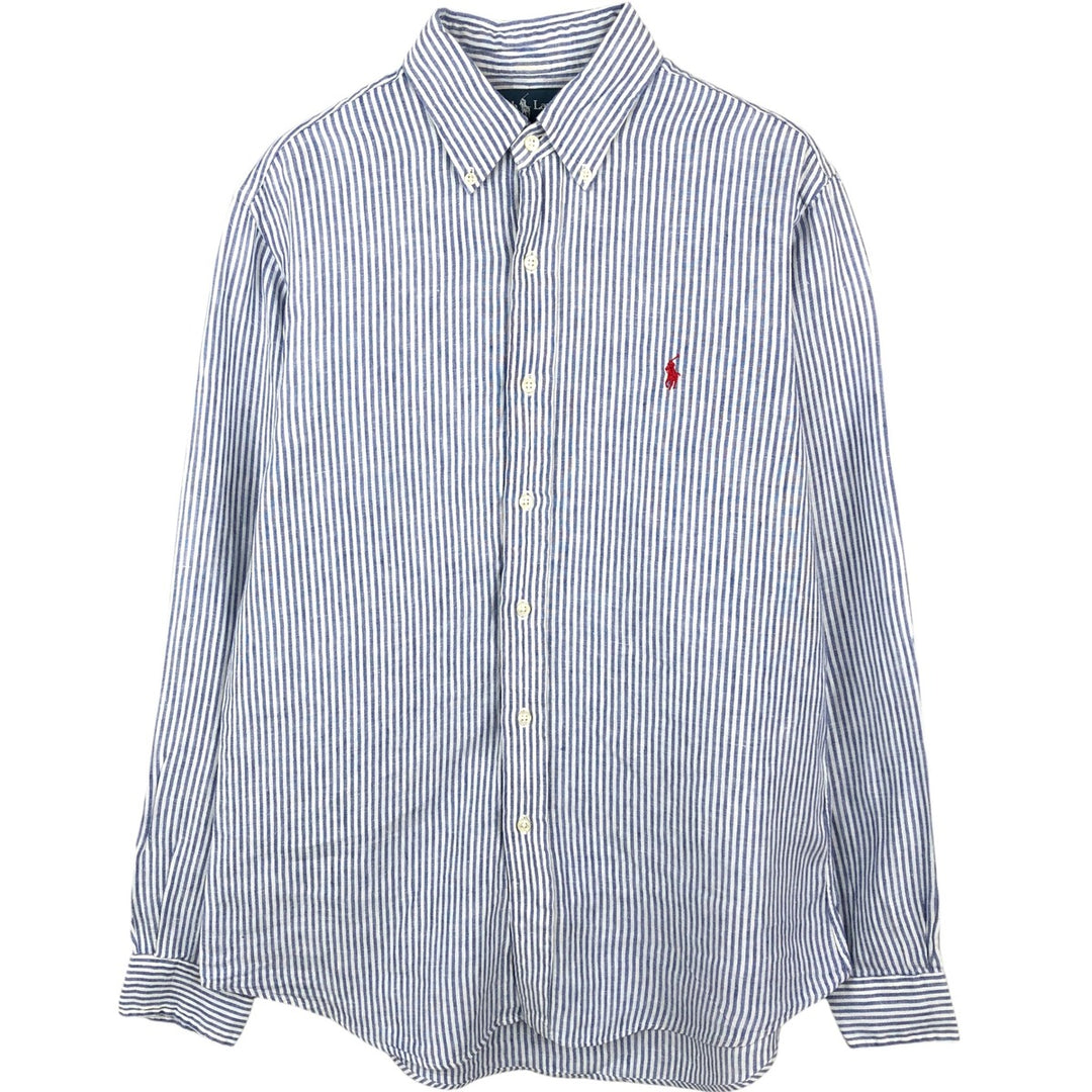 Ralph Lauren Custom Fit Striped Pattern Long Sleeve Linen Button-Down Shirt, Men's Size Medium linen Navy blue Vintage Second Hand