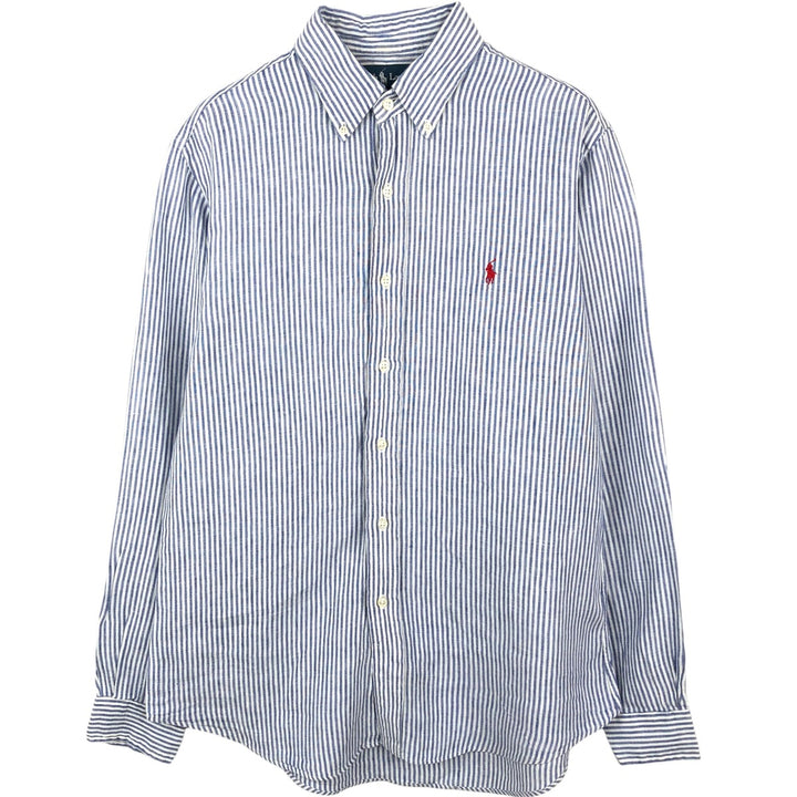 Ralph Lauren Custom Fit Striped Pattern Long Sleeve Linen Button-Down Shirt, Men's Size Medium linen Navy blue Vintage Second Hand