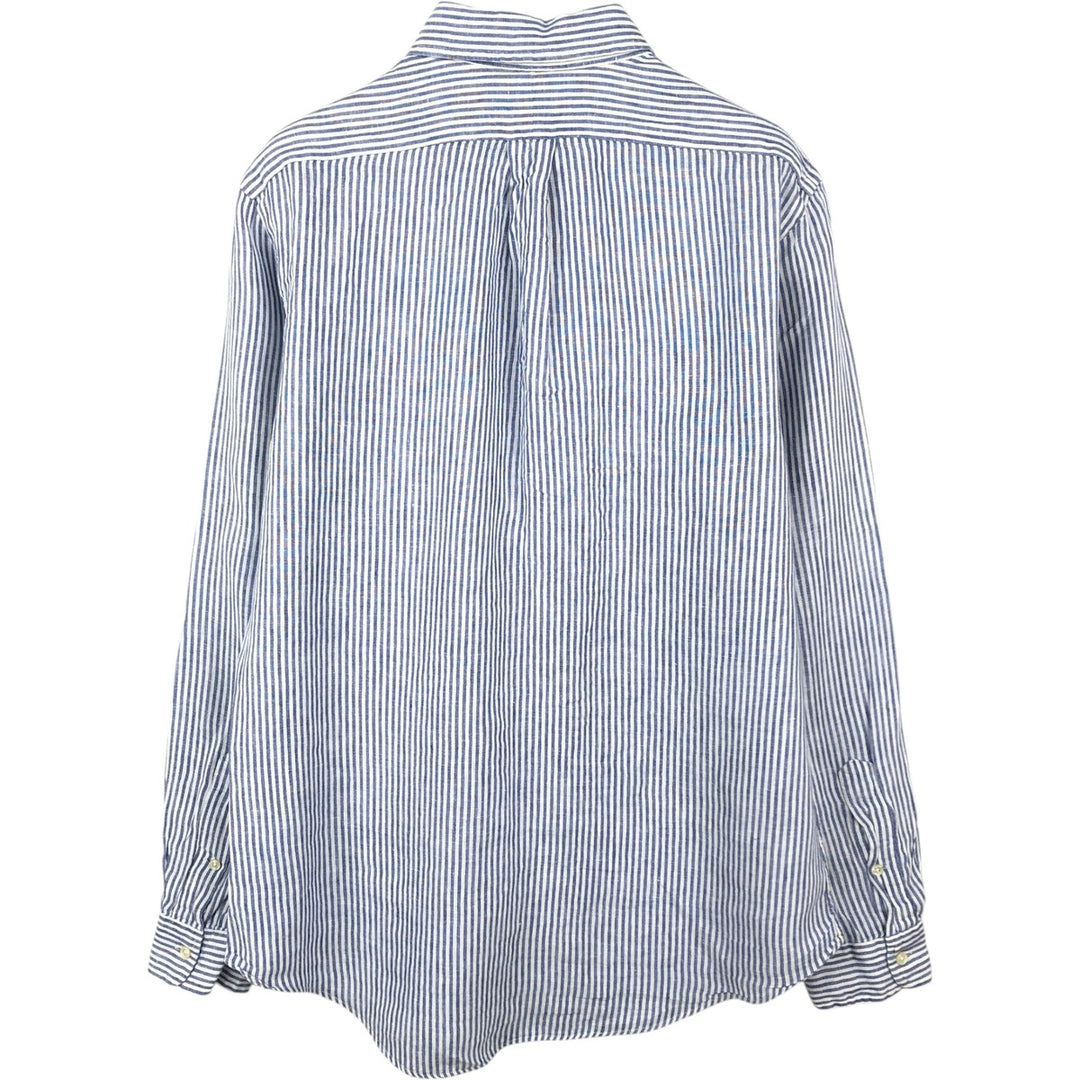 Ralph Lauren Custom Fit Striped Pattern Long Sleeve Linen Button-Down Shirt, Men's Size Medium linen Navy blue Vintage Second Hand