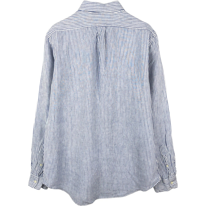 Ralph Lauren Custom Fit Striped Pattern Long Sleeve Linen Button-Down Shirt, Men's Size Medium linen Navy blue Vintage Second Hand