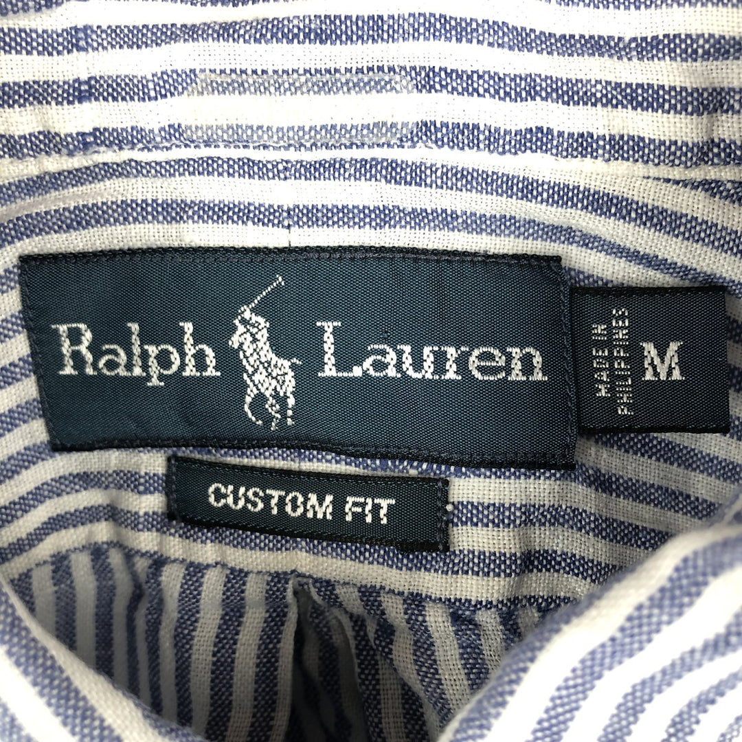 Ralph Lauren Custom Fit Striped Pattern Long Sleeve Linen Button-Down Shirt, Men's Size Medium linen Navy blue Vintage Second Hand