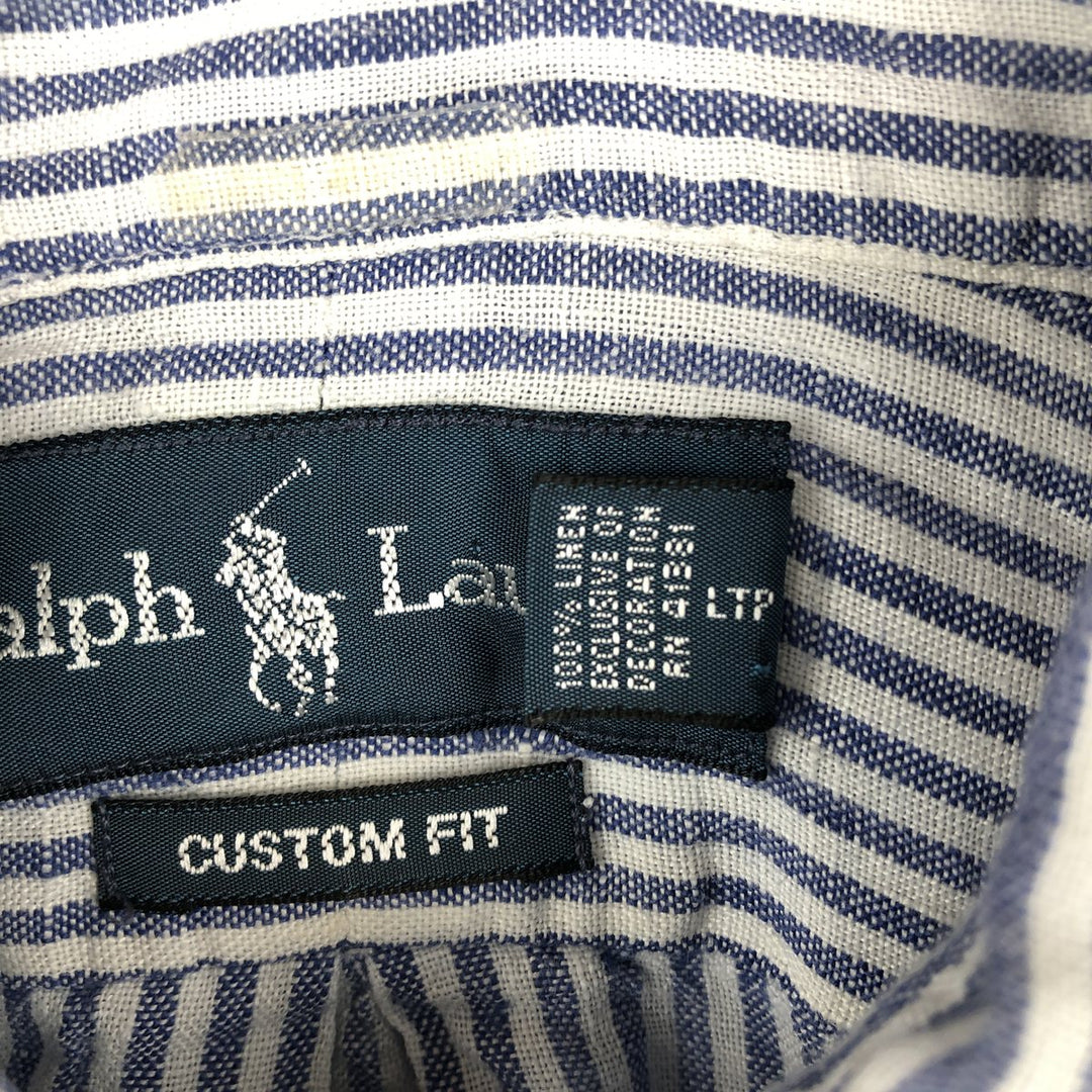 Ralph Lauren Custom Fit Striped Pattern Long Sleeve Linen Button-Down Shirt, Men's Size Medium linen Navy blue Vintage Second Hand