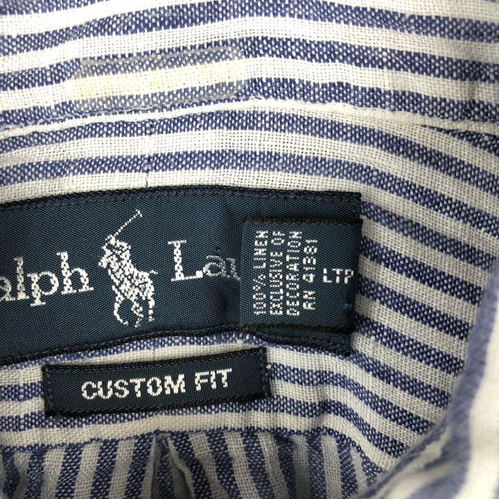 Ralph Lauren Custom Fit Striped Pattern Long Sleeve Linen Button-Down Shirt, Men's Size Medium linen Navy blue Vintage Second Hand