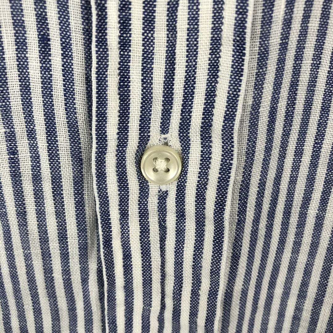 Ralph Lauren Custom Fit Striped Pattern Long Sleeve Linen Button-Down Shirt, Men's Size Medium linen Navy blue Vintage Second Hand