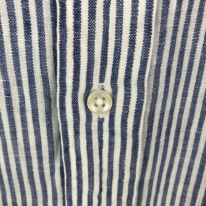 Ralph Lauren Custom Fit Striped Pattern Long Sleeve Linen Button-Down Shirt, Men's Size Medium linen Navy blue Vintage Second Hand