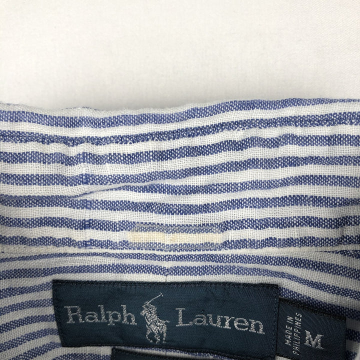 Ralph Lauren Custom Fit Striped Pattern Long Sleeve Linen Button-Down Shirt, Men's Size Medium linen Navy blue Vintage Second Hand