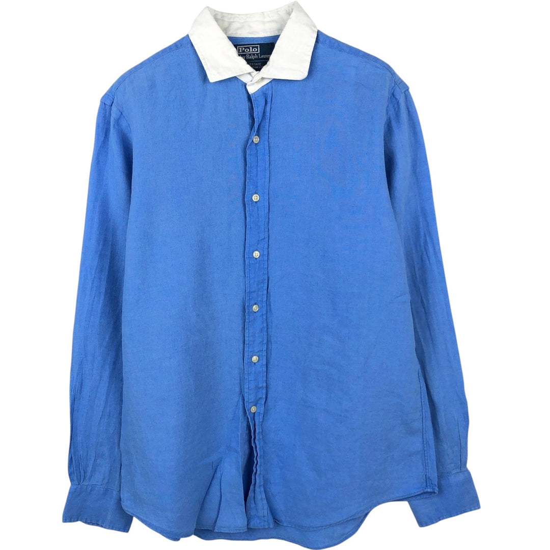 Ralph Lauren POLO by Ralph Lauren ESTATE CUSTOM FIT Wide Collar Long Sleeve Linen Shirt Cleric Shirt Men's Size L (approx.) linen blue type Vintage Second Hand