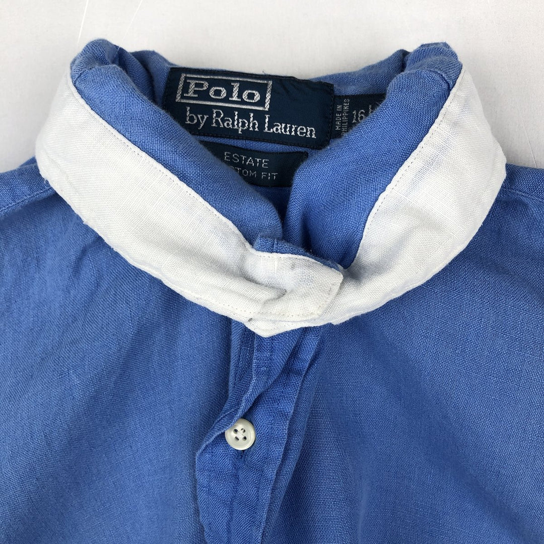 Ralph Lauren POLO by Ralph Lauren ESTATE CUSTOM FIT Wide Collar Long Sleeve Linen Shirt Cleric Shirt Men's Size L (approx.) linen blue type Vintage Second Hand