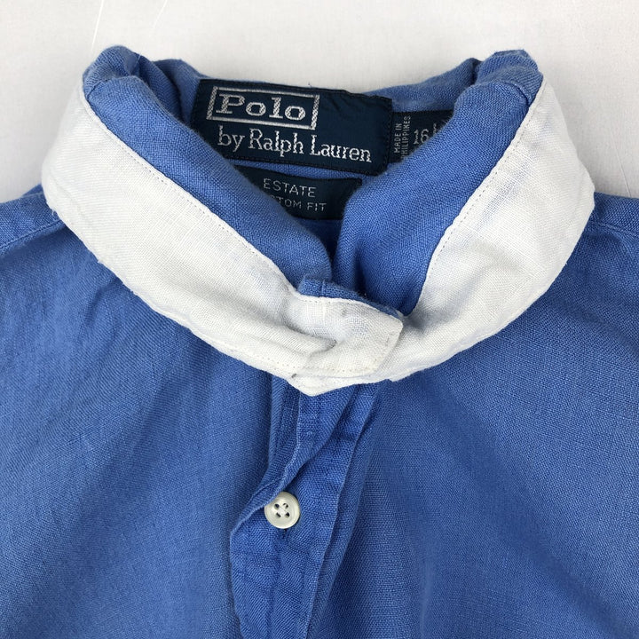 Ralph Lauren POLO by Ralph Lauren ESTATE CUSTOM FIT Wide Collar Long Sleeve Linen Shirt Cleric Shirt Men's Size L (approx.) linen blue type Vintage Second Hand