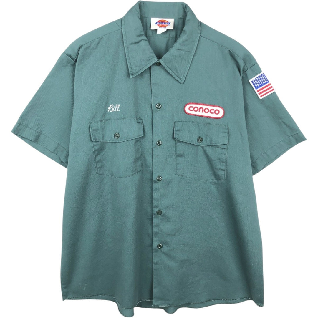 Dickies Conoco Advertising Short-Sleeve Work Shirt, Boxy Shirt, Made in USA, Men's Size XL (approx.) polyester Khaki type sage green Vintage Second Hand