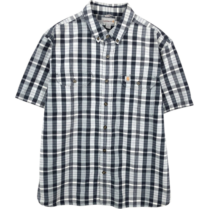 Carhartt Relaxed Fit Short-Sleeve Cotton Check Shirt, Men's Size XL (approx.) cotton navy blue type Vintage Second Hand