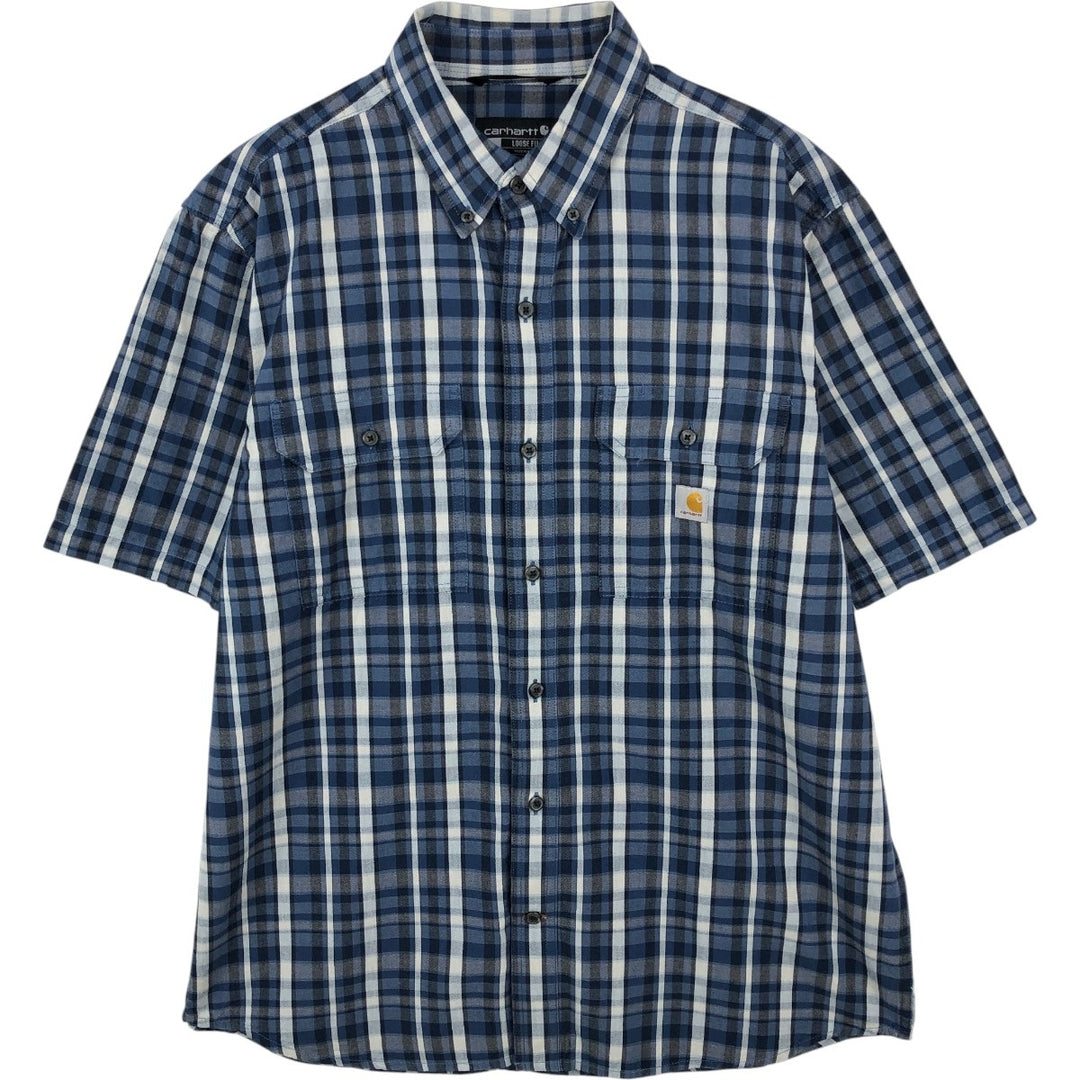 Carhartt Loose Fit Check Pattern Short-Sleeve Work Shirt (Men's Size L) cotton navy blue type Vintage Second Hand
