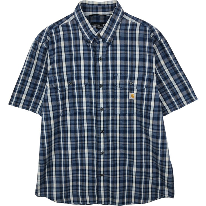 Carhartt Loose Fit Check Pattern Short-Sleeve Work Shirt (Men's Size L) cotton navy blue type Vintage Second Hand