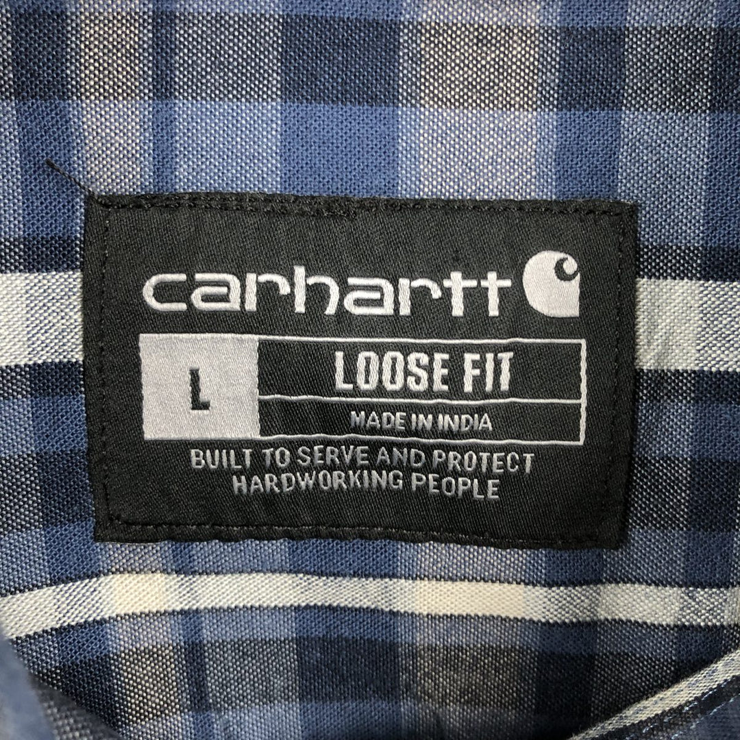 Carhartt Loose Fit Check Pattern Short-Sleeve Work Shirt (Men's Size L) cotton navy blue type Vintage Second Hand