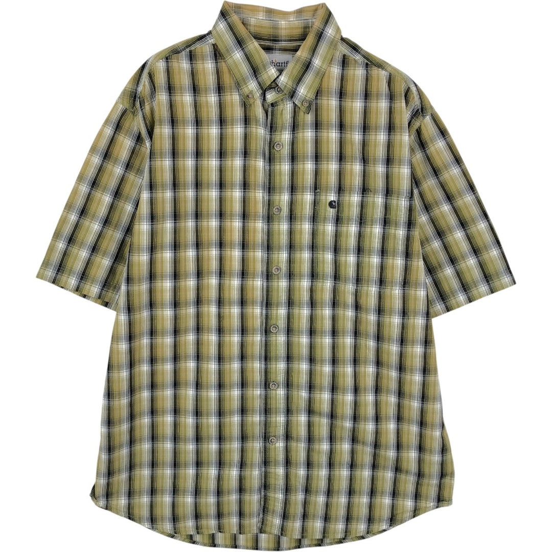 Carhartt Check Pattern Button-down Short Sleeve Work Shirt, Men's Size L cotton Khaki type Vintage Second Hand