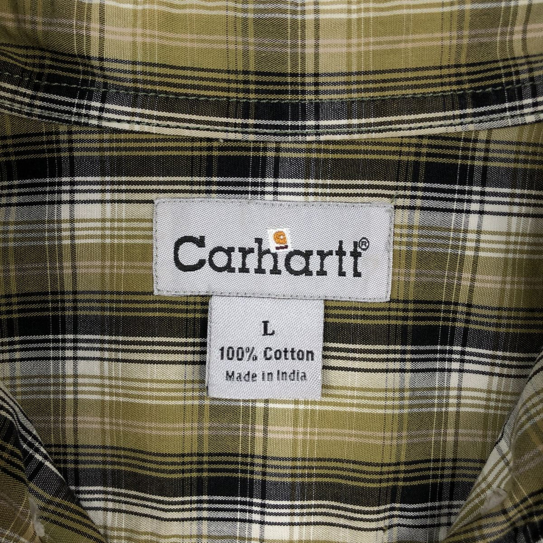 Carhartt Check Pattern Button-down Short Sleeve Work Shirt, Men's Size L cotton Khaki type Vintage Second Hand