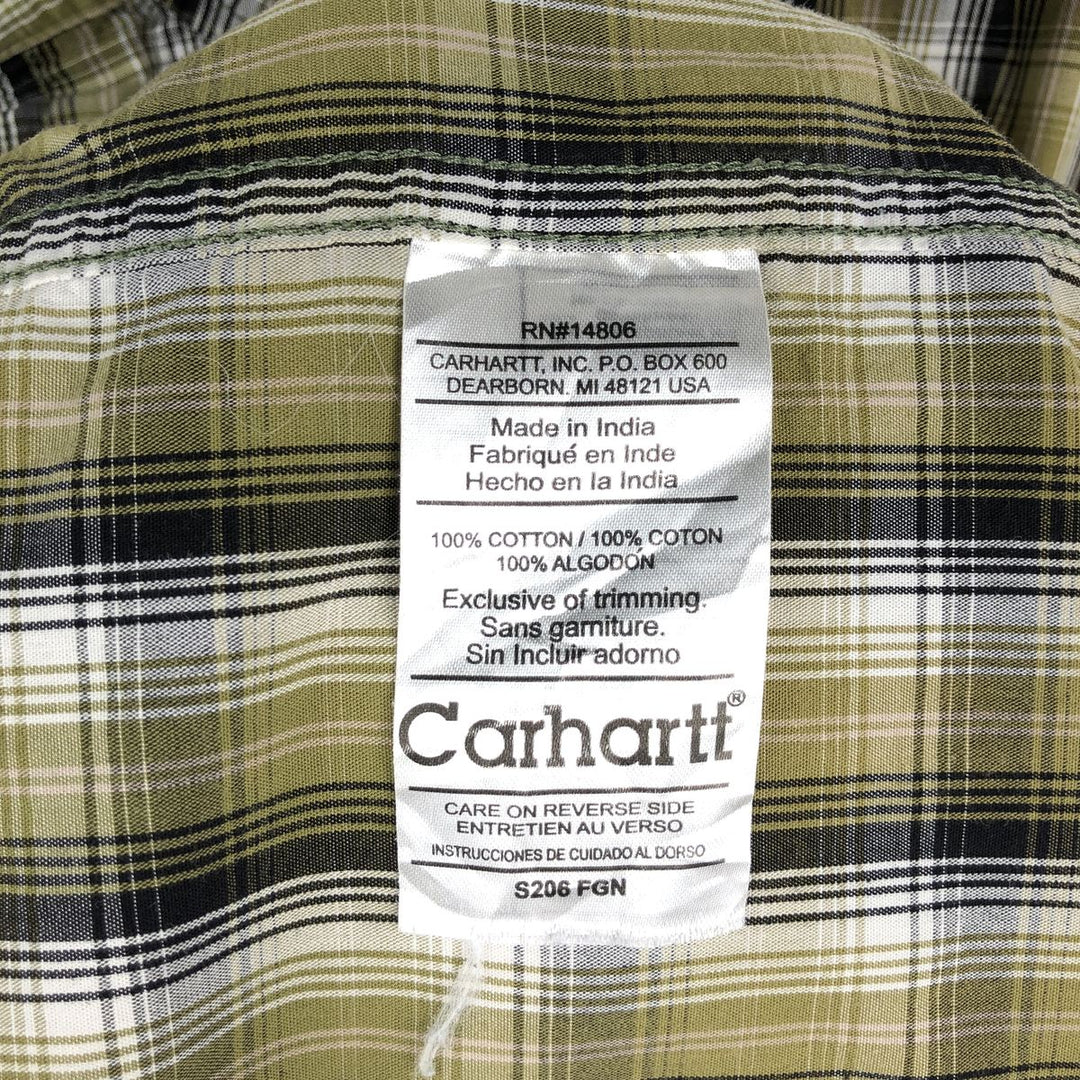 Carhartt Check Pattern Button-down Short Sleeve Work Shirt, Men's Size L cotton Khaki type Vintage Second Hand