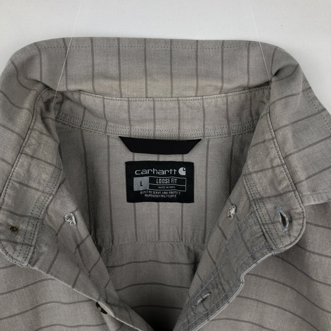 Carhartt Loose Fit Striped Button-Down Short Sleeve Work Shirt, Men's Size L cotton gray type Vintage Second Hand