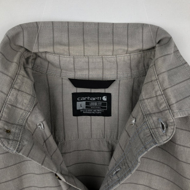 Carhartt Loose Fit Striped Button-Down Short Sleeve Work Shirt, Men's Size L cotton gray type Vintage Second Hand
