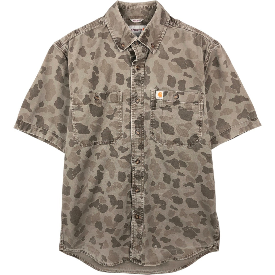 Carhartt Relaxed Fit Camouflage Pattern Button-Down Short-Sleeve Work Shirt (Men's Size S) cotton Khaki type Vintage Second Hand