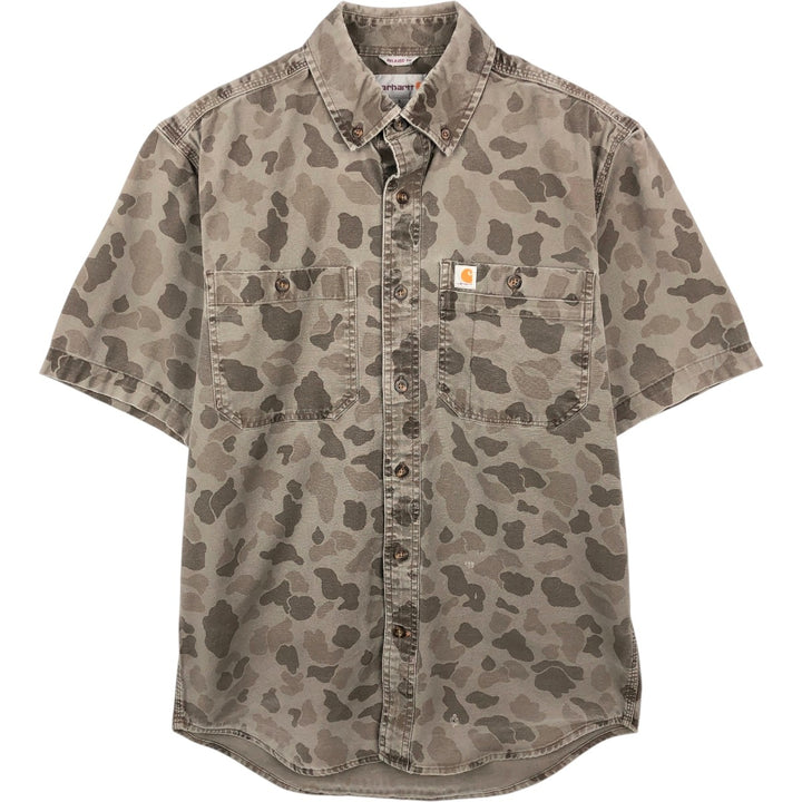 Carhartt Relaxed Fit Camouflage Pattern Button-Down Short-Sleeve Work Shirt (Men's Size S) cotton Khaki type Vintage Second Hand