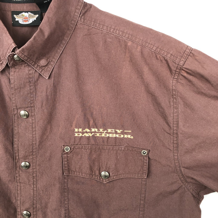 Harley-Davidson Hidden Button Down Short Sleeve Work Shirt Box Shirt Men's XL cotton brown type Vintage Second Hand