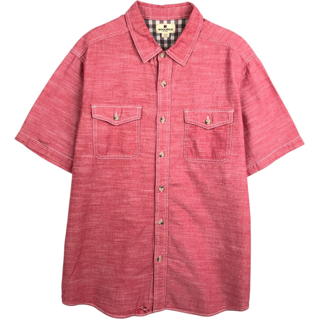 Woolrich Chambray Short-Sleeve Cotton Shirt, Men's Size XL (approx.) cotton red type Vintage Second Hand