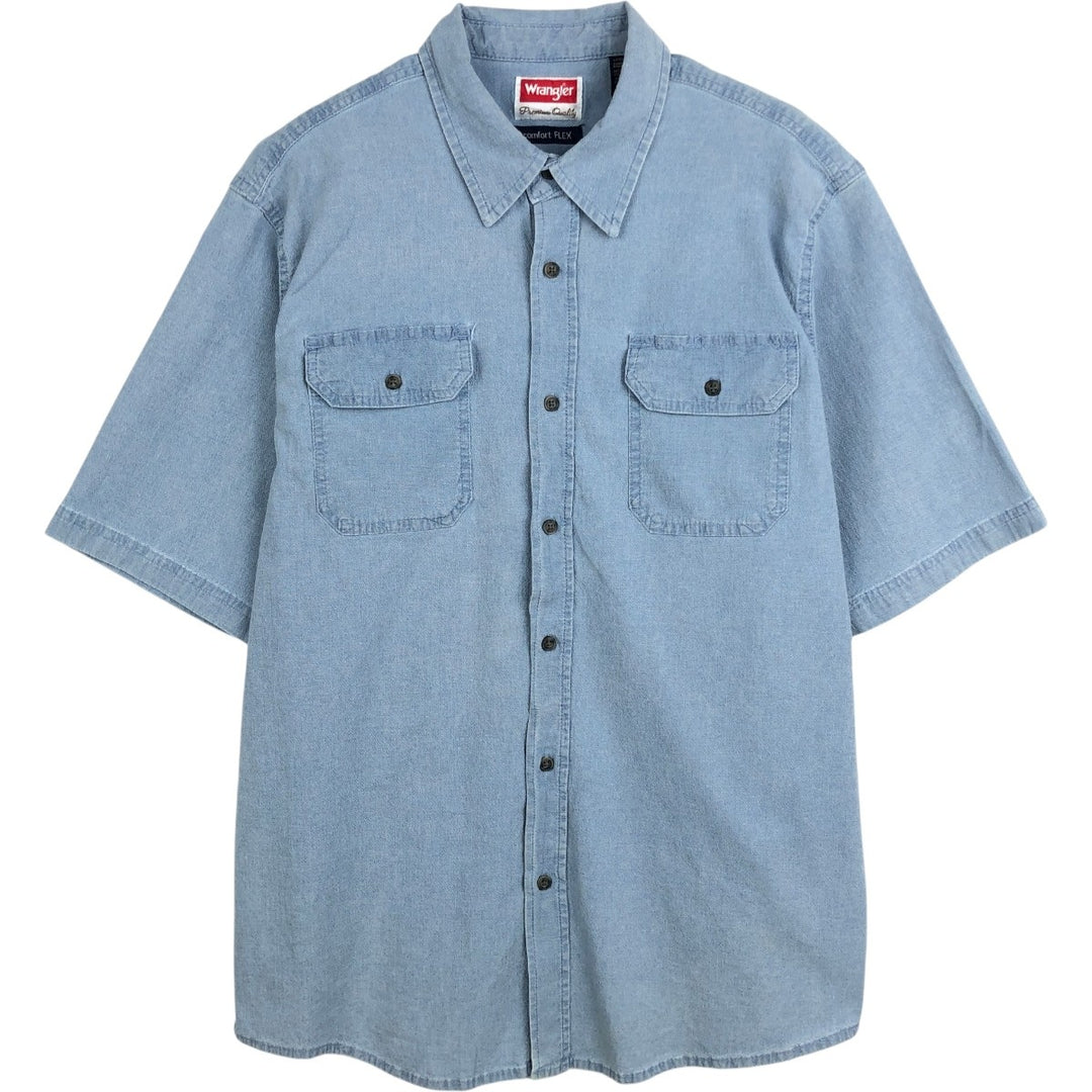 Wrangler Comfort Flex Short-Sleeve Chambray Shirt, Men's Size L (approx.) cotton Blue type light blue Vintage Second Hand