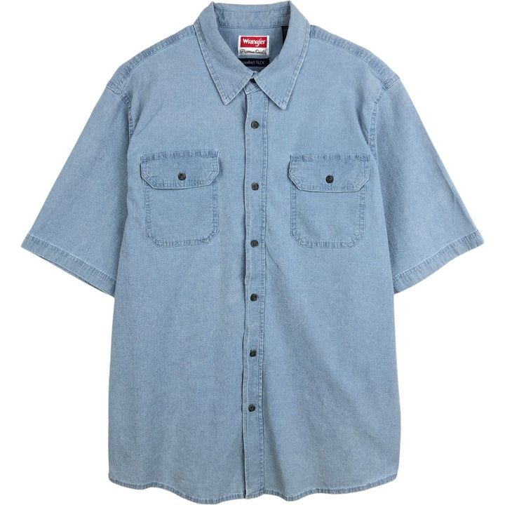 Wrangler Comfort Flex Short-Sleeve Chambray Shirt, Men's Size L (approx.) cotton Blue type light blue Vintage Second Hand