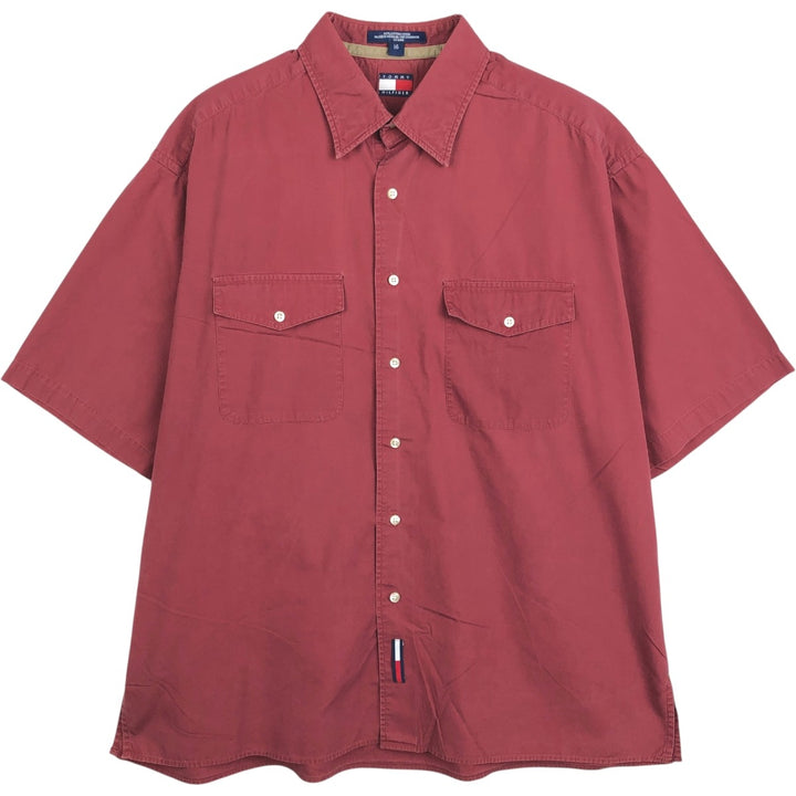 1990'S Tommy Hilfiger Short-Sleeve Cotton Box Shirt, Men's Size L (approx.), Vintage cotton burgundy type Vintage Second Hand