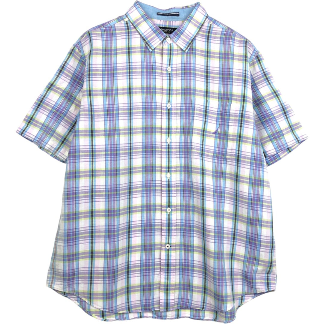 2000'S Nautica Check Pattern Short-Sleeve Linen x Cotton Shirt, Men's Size XL (approx.) linen purple type Vintage Second Hand