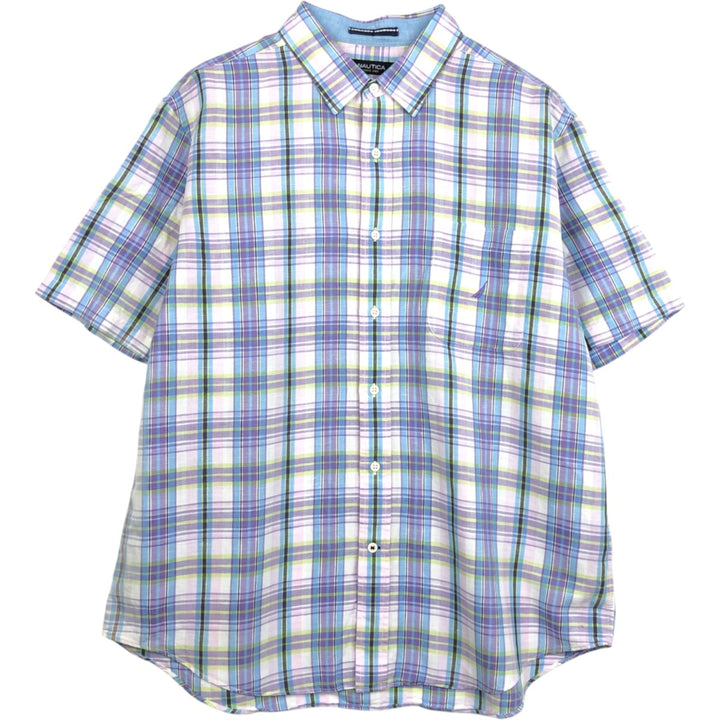 2000'S Nautica Check Pattern Short-Sleeve Linen x Cotton Shirt, Men's Size XL (approx.) linen purple type Vintage Second Hand