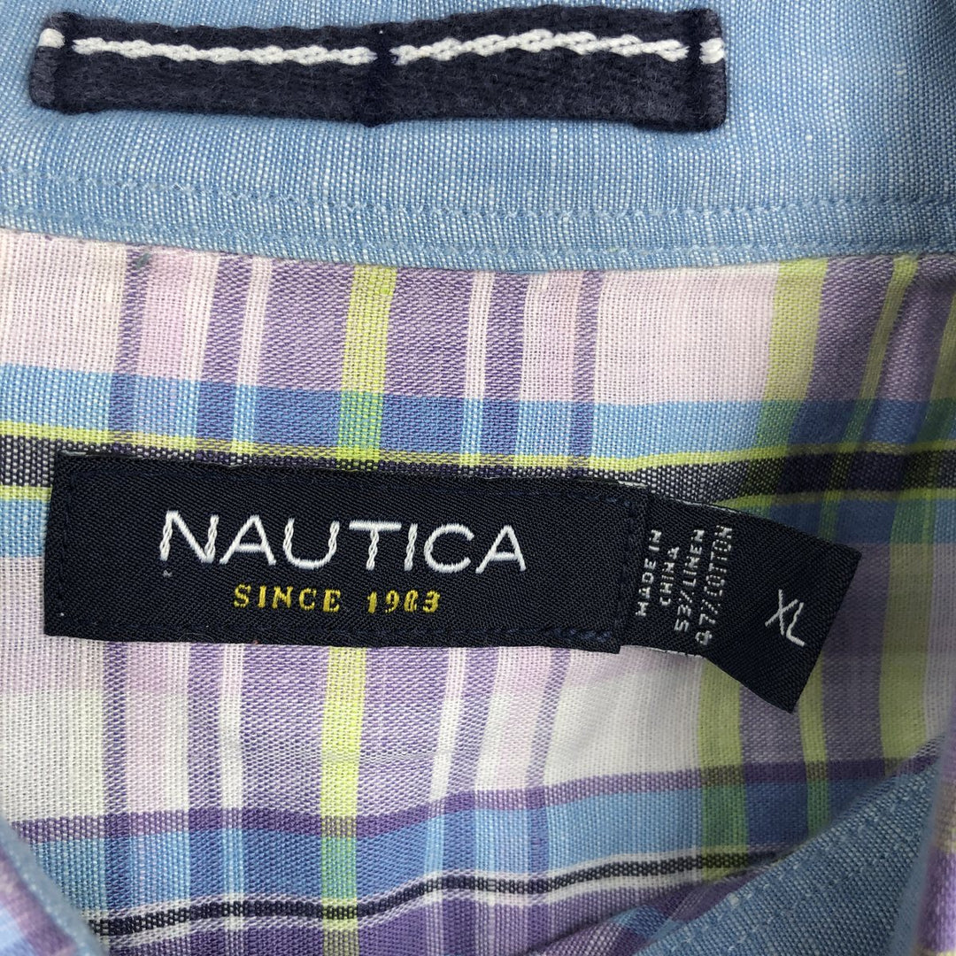 2000'S Nautica Check Pattern Short-Sleeve Linen x Cotton Shirt, Men's Size XL (approx.) linen purple type Vintage Second Hand