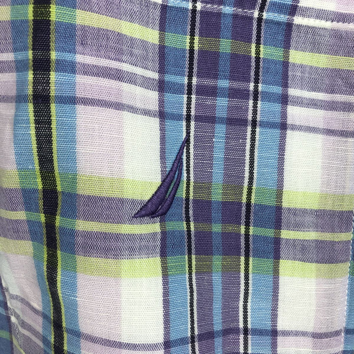 2000'S Nautica Check Pattern Short-Sleeve Linen x Cotton Shirt, Men's Size XL (approx.) linen purple type Vintage Second Hand