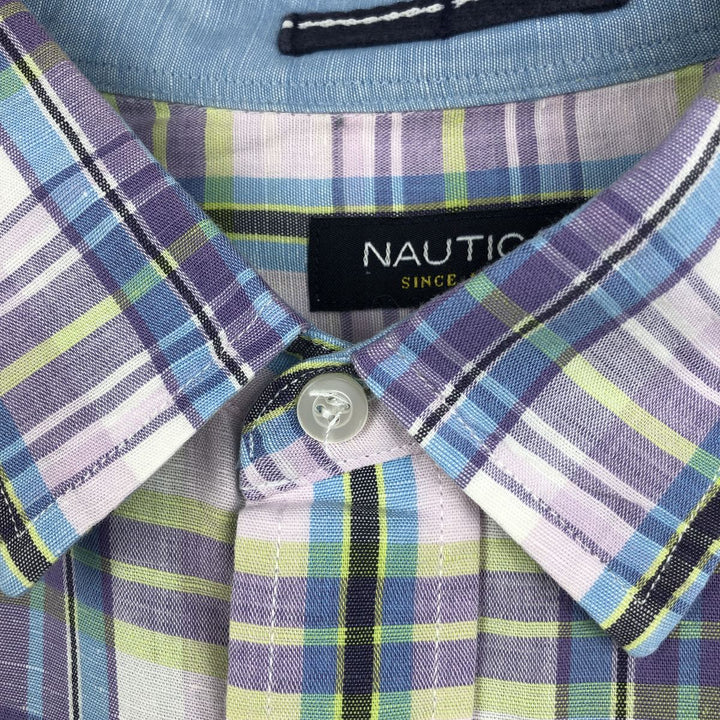 2000'S Nautica Check Pattern Short-Sleeve Linen x Cotton Shirt, Men's Size XL (approx.) linen purple type Vintage Second Hand