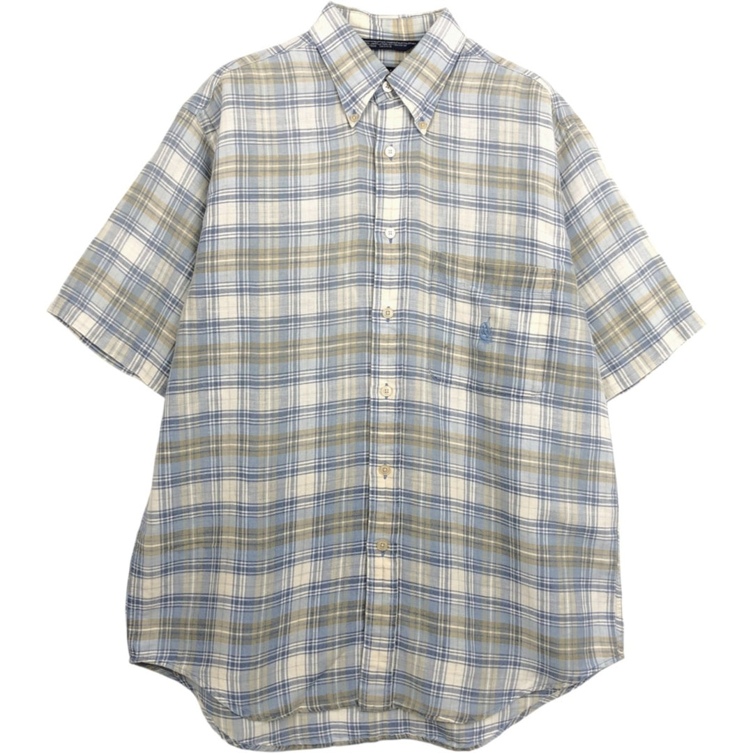 Nautica Check Pattern Short-Sleeve Linen Button-Down Shirt, Men's Size M (approx.) linen gray type Vintage Second Hand