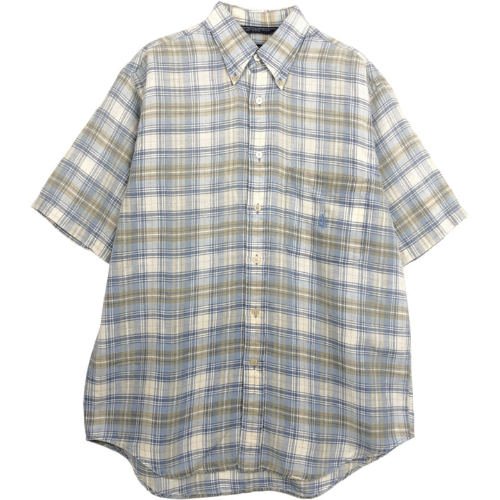 Nautica Check Pattern Short-Sleeve Linen Button-Down Shirt, Men's Size M (approx.) linen gray type Vintage Second Hand