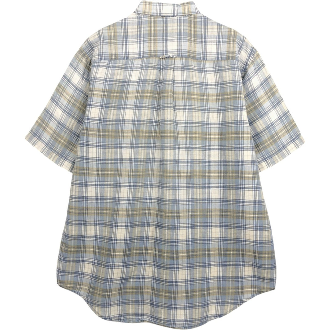 Nautica Check Pattern Short-Sleeve Linen Button-Down Shirt, Men's Size M (approx.) linen gray type Vintage Second Hand