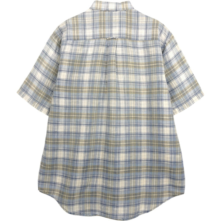 Nautica Check Pattern Short-Sleeve Linen Button-Down Shirt, Men's Size M (approx.) linen gray type Vintage Second Hand