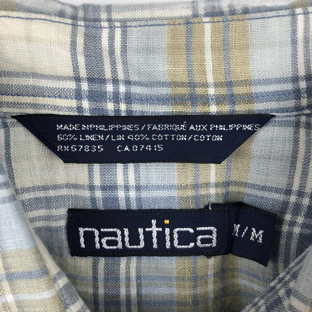 Nautica Check Pattern Short-Sleeve Linen Button-Down Shirt, Men's Size M (approx.) linen gray type Vintage Second Hand