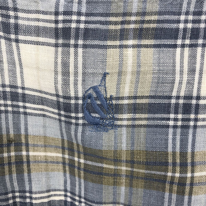 Nautica Check Pattern Short-Sleeve Linen Button-Down Shirt, Men's Size M (approx.) linen gray type Vintage Second Hand
