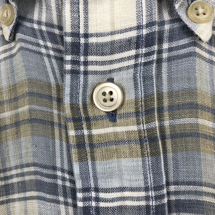 Nautica Check Pattern Short-Sleeve Linen Button-Down Shirt, Men's Size M (approx.) linen gray type Vintage Second Hand