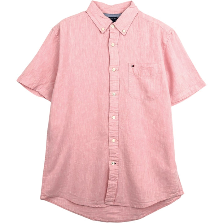 Tommy Hilfiger Custom Fit Short-Sleeve Linen Button-Down Shirt, Men's Size M (approx.) linen pink type Vintage Second Hand