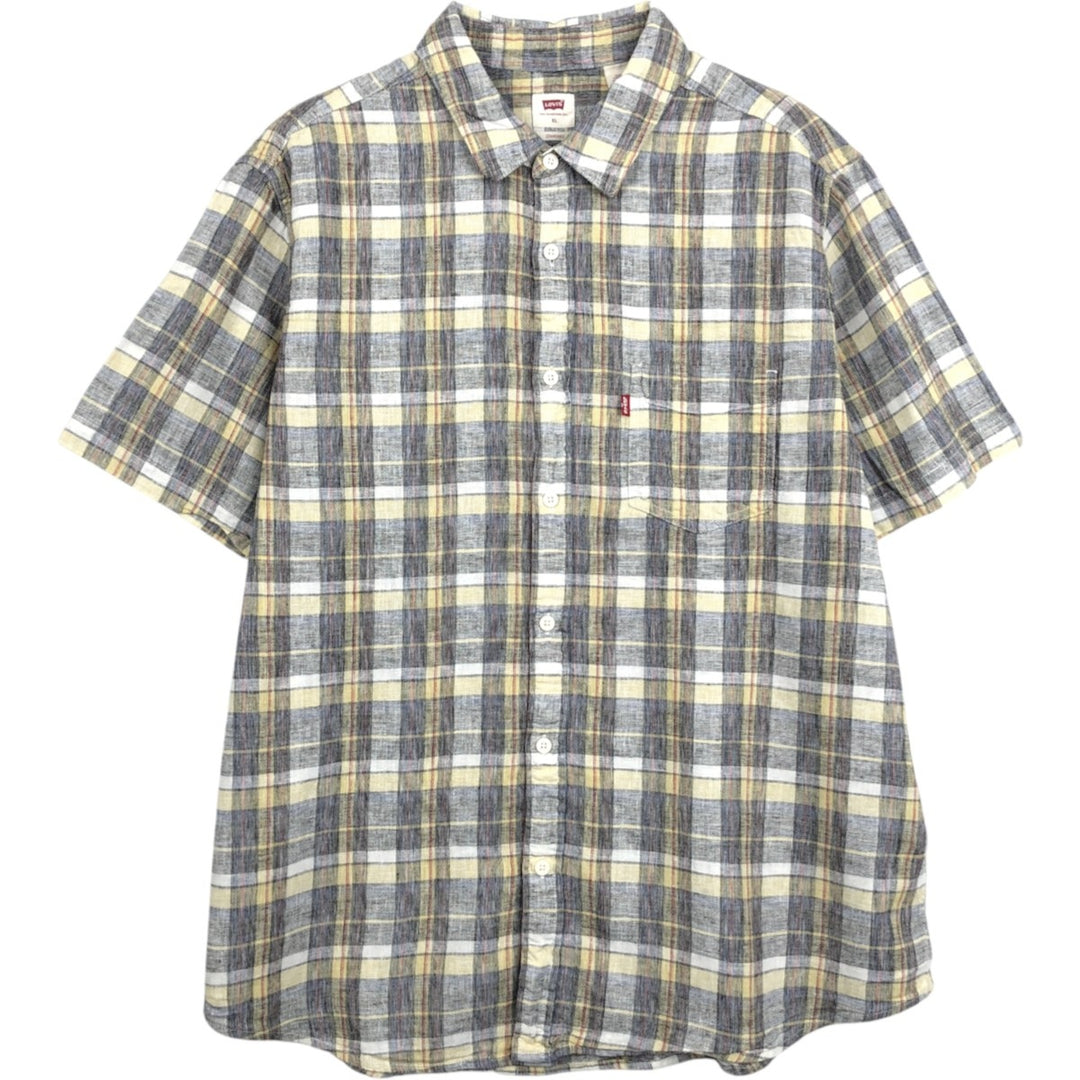 Levi's STANDARD Check Pattern Short-Sleeve Linen x Cotton Shirt, Men's Size XL (approx.) linen yellow type Vintage Second Hand
