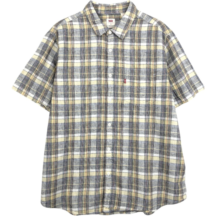 Levi's STANDARD Check Pattern Short-Sleeve Linen x Cotton Shirt, Men's Size XL (approx.) linen yellow type Vintage Second Hand