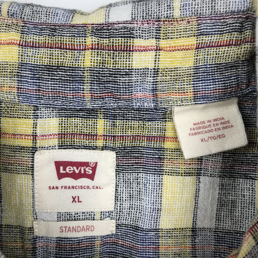 Levi's STANDARD Check Pattern Short-Sleeve Linen x Cotton Shirt, Men's Size XL (approx.) linen yellow type Vintage Second Hand