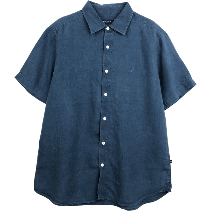 NAUTICA short sleeve linen shirt, men's size L linen navy blue type Vintage Second Hand