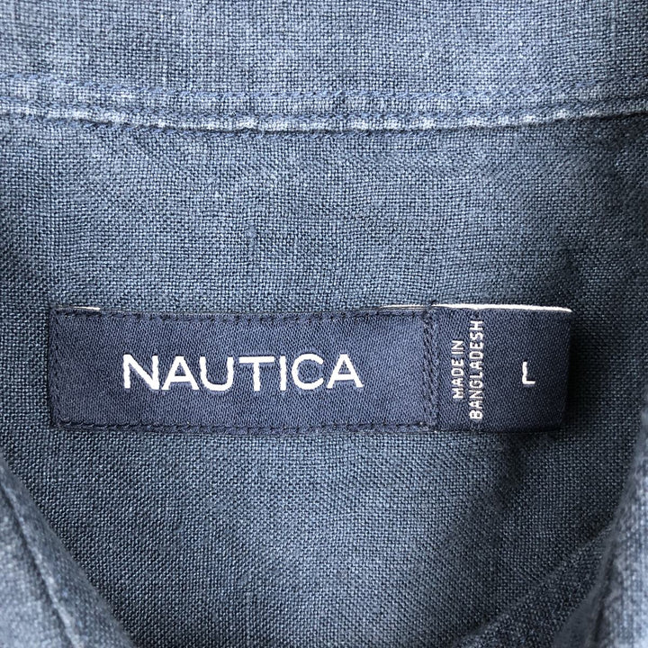 NAUTICA short sleeve linen shirt, men's size L linen navy blue type Vintage Second Hand