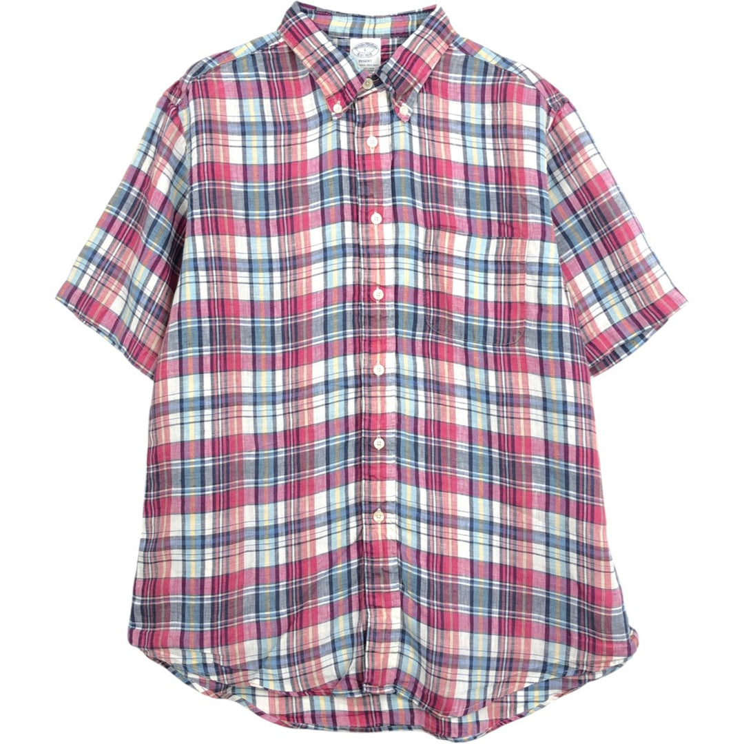 Brooks Brothers Est.1818 Check Pattern Short-Sleeve Linen Button-Down Shirt, Men's Size L (approx.) linen red type Vintage Second Hand