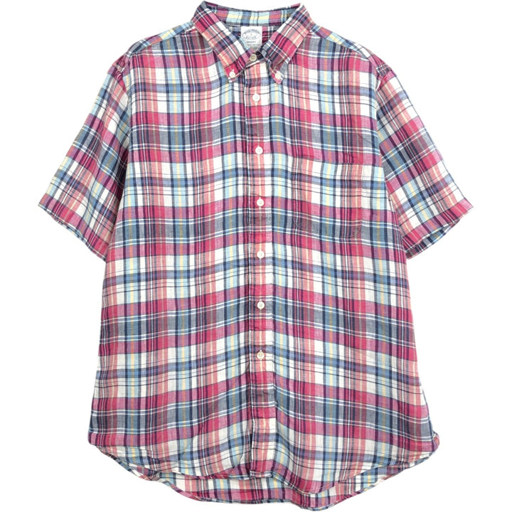 Brooks Brothers Est.1818 Check Pattern Short-Sleeve Linen Button-Down Shirt, Men's Size L (approx.) linen red type Vintage Second Hand